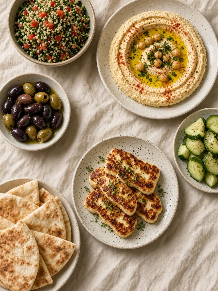 An Arabic mezze spread of small shared dishes